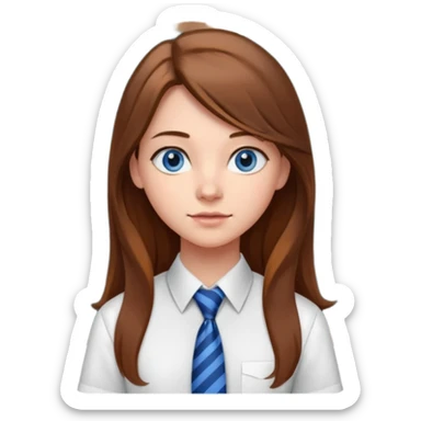 high school class room with a blackboard, with a pretty female high school student with long brown hair, blue eyes, wearing a tie sticker