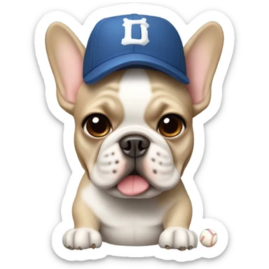 Beige French bulldog with a baseball bat and baseball cap on sticker