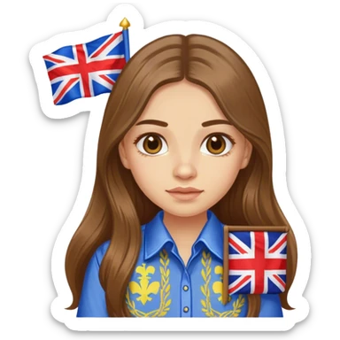 A Ukrainian girl in an embroidered shirt holds a British flag sticker