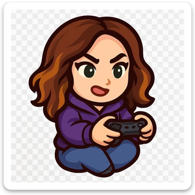 Create a chibi emote of the woman from the reference images, wearing a purple hoodie and jeans, holding a game controller in a gaming pose, no headband, no sparkles, no wand, transparent background in sticker style sticker