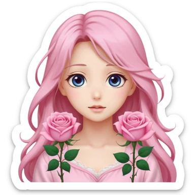 Gorgeous dreamy anime lady pink roses with long hair sticker