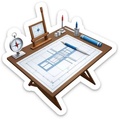 Create a sleek and modern icon representing Architecture, featuring elements like blueprints, a drafting table, and architectural tools (ruler, compass). The design should be visually sophisticated, clean, and professional, without any emojis. The background should be transparent sticker