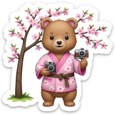 A cute light-brown bear wearing a pastel pink sakura-patterned kimono, normal balanced body ratio.  
Standing under a blooming sakura tree, holding a small camera and taking a picture with a happy smile.  
Kawaii emoji style, minimalistic clean sticker illustration, simple scenic background.
 sticker
