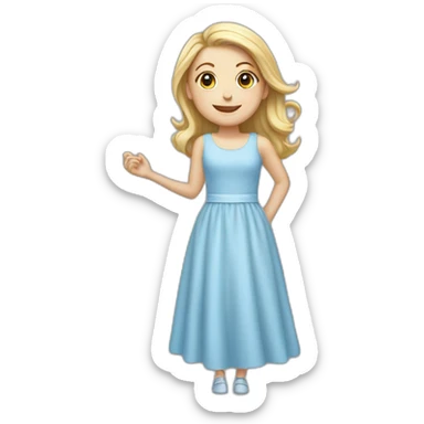White girl wearing a light blue dress smile poiting for the left sticker