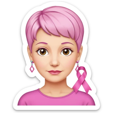 Mature Woman with pixiecut wearing earrings of pink ribbons sticker