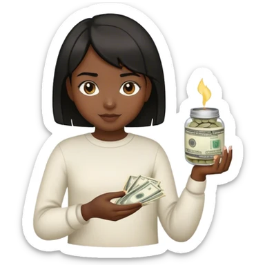 a young girl with dark skin and short black hair holding money and a pot of glue in her hands sticker