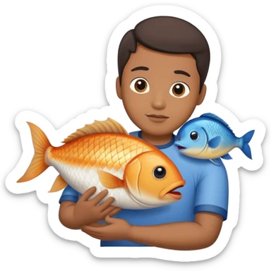 Asian man holding/hugging a fish like a baby, half body will do, the fish does not need a human face sticker