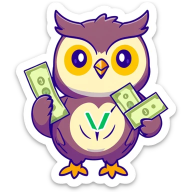 wealth luck symbolizing owl character, large green eyes, golden feathers, holding a money pouch in its feet, pastel tones, sticker style, rounder and cuter sticker