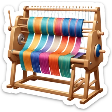 Weaving icon, loom with colorful fabric being woven, visible shuttle, spools of yarn, fabric swatches, sewing patterns, and finished clothing items, minimalistic style, clean lines, transparent background. sticker