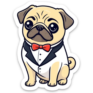 pug in a make it black tuxedo, cartoon sticker sticker