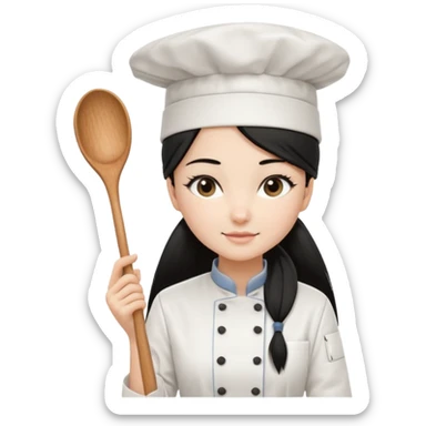
A beautiful girl wears a white chef's uniform. Her long, straight black hair is styled in a ponytail. She wears a white chef's hat and holds a wooden cooking spoon. She is standing and wearing black shoes. The illustration style is 2D realistic.. sticker