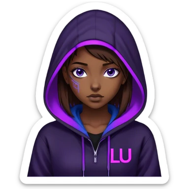 girl brown hair blue eyeswearing black hoody with violet letters "Lu" in the hood without a face. Cyberpunk style. Violet neon. sticker