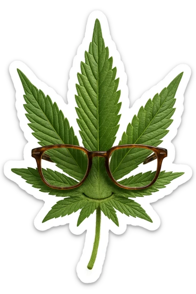 Make this weed leaf with nerdy glasses look more realistic, keep the glasses, and maintain no background. The style should be realistic with natural textures and details on the leaf and glasses. sticker