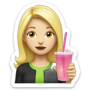 blonde girl straw drinking pink lemonade with one green lemon in the cup, with black watch black tshirt sticker