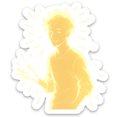 radiant young man with a soft glow and captivating energy, symbolizing lighthearted chaos and allure, in a minimalist silhouette sticker