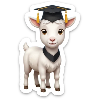 cute white goat standing on green grass, wearing a black graduation cap, bright daylight, soft blue sky background, proud and confident expression sticker