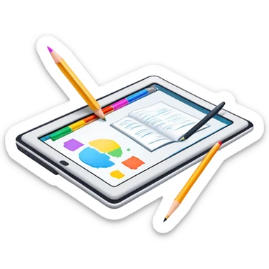 Colourfull Illustration icon, pencil, paintbrush, gel pen, graphic tablet or monitor with digital illustration, open book with sketches, minimalistic style, clean lines, transparent background. sticker