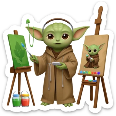 Baby Yoda in his brown robe listening music on his headphones, painting a picture on an easel and surrounded by paint pots. sticker