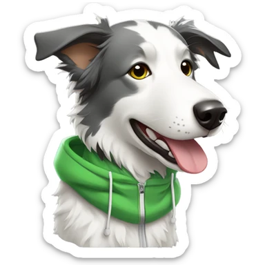gray and white border collie with a green hoodie wearing headphones side profile sticker