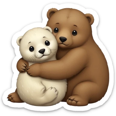 small white seal hugging a big brown bear sticker