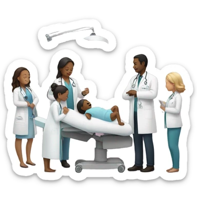 a woman gives birth and doctors stand nearby sticker
