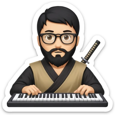 Man with black hair and beard wearing glasses in a ninja costume. Keep the top left version, make the beard longer and replace the sword with a keyboard  sticker