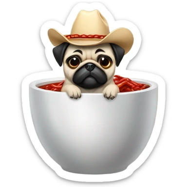 Pug with a bowl of chili riding a husky cowboy hats sticker