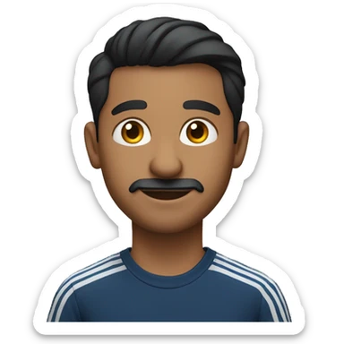 generate me an emoji of an Indian man in a dark blue shirt and black Adidas pants with the 3 stripes sitting in a school desk with his hands in his pocket sticker