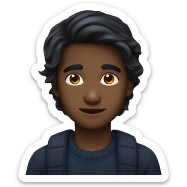 India boy middle parting black long hair dark hazel eyes navy jumper sticker