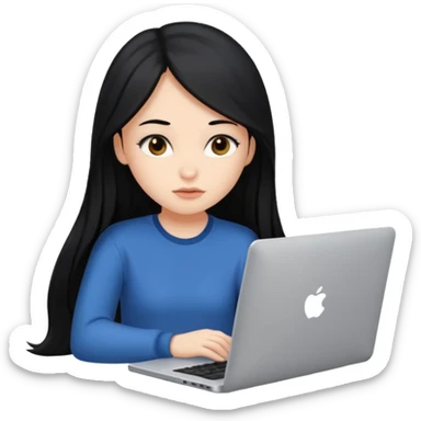 girl with long black hair sitting with a laptop sticker