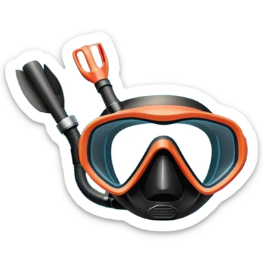 An icon featuring a close-up of a diving mask, snorkel, and fins floating on the surface of vibrant blue water. In the background, coral reefs and tropical fish create a lively underwater scene. Transparent background highlights the beauty and adventure of the diving experience. sticker