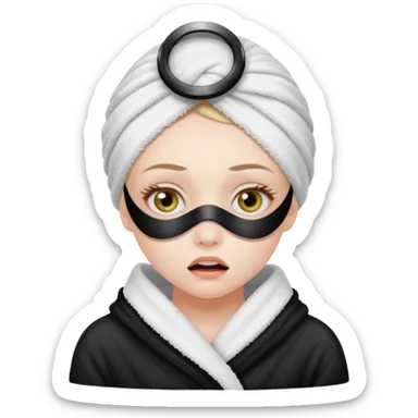 scared girl with bath towels and eye mask sticker
