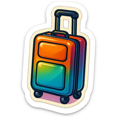 retro sticker-style illustration of a rolling suitcase with handle extended, bold outlines, juicy colors, expressive shadows and highlights, playful and glossy look, fun and inviting suitcase sticker