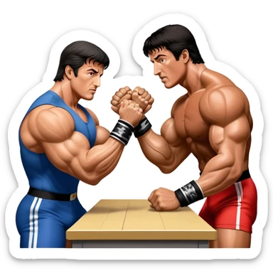 Iconic scene from the movie Over the Top, featuring Sylvester Stallone in a fierce arm wrestling match, symbolizing powerlifting. Stallone flexes his muscles while gripping the arm of his opponent, the intense battle for strength showcased with dramatic lighting. Transparent background. sticker