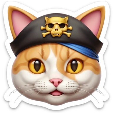 Premium 3D emoji icon of cat, pirate theme, high detail, glossy finish, claymorphism style, soft studio lighting, isolated on white background, 8k resolution, stylized professional look --v 6.0 sticker