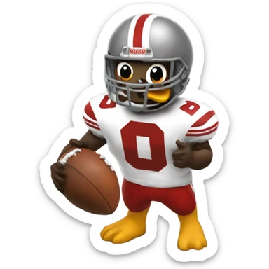 Brutus Buckeye eating a duck sticker