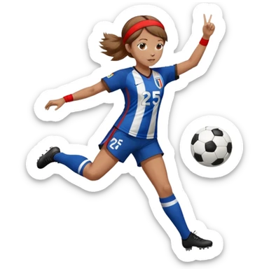 a girl with semi light brown hair with a number 25 jersey kicking a soccer ball in a blue and black striped uniform with a red headband that says Victory. sticker