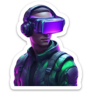 A hiperrealistc cyberwear futuristic metaverse Man playing with holograms cyberwear techwear green and purple neon perfect lights add a Futuristic cyberpunk metaverse headset sticker