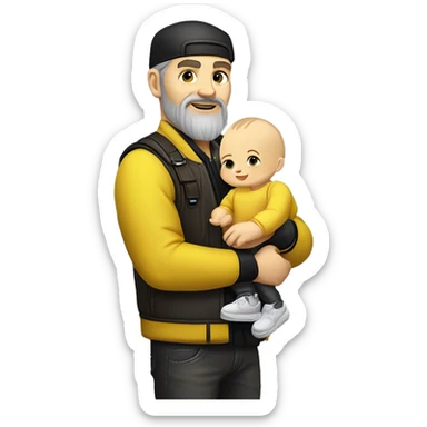White-skinned slavic man with stubble, gray beard, brown hair, black eyes, black Reebok cap, leather jacket, holding infant slavic baby girl in yellow dress with yellow bow. sticker