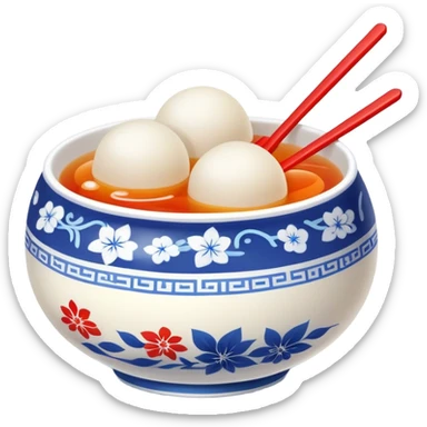 Lantern Festival tangyuan sweet rice balls in syrup with festive elements, simplified emoji style with bold outlines and bright colors, cartoon style colorful glutinous rice balls sticker