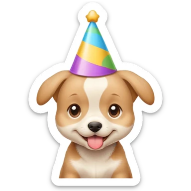 Cute puppy with a silly expression wearing a tiny party hat sticker