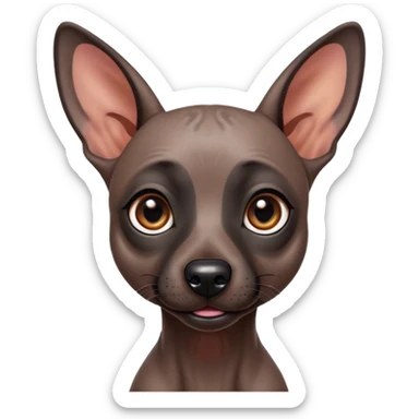 Cinematic Cute Xoloitzcuintle dog Portrait Emoji, Head tilted playfully and inquisitively, featuring smooth, hairless ebony skin with distinctive, artistic wrinkles, round, sparkling dark eyes filled with curiosity, Simplified yet irresistibly adorable features, highly detailed, glowing with a warm, friendly glow, high shine, affectionate and spirited, stylized with a touch of whimsy, bright and endearing, soft glowing outline, capturing the essence of a mischievous yet loving companion, so playful it feels like it could trot out of the screen and into your arms! sticker