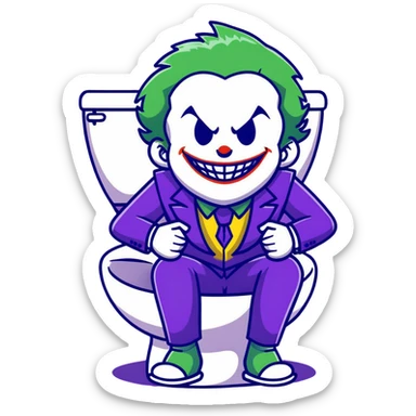Joker villain sitting on toilet laughing maniacally, green hair, purple suit sticker