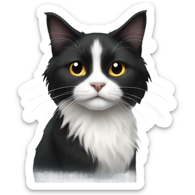 Long haired black and white tuxedo cat with black nose sticker