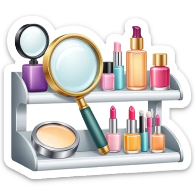magnifying glass over beauty product shelf, searching for last item sticker
