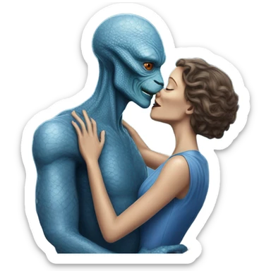 White man in blue dress  hugs and kissing Alien reptilian woman in silver dress  sticker
