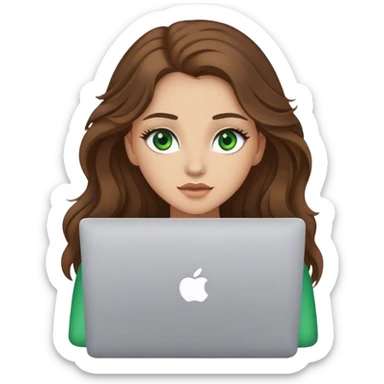 chica de ojos verdes con pelo marrón largo y ondulado, usando una  macbook sticker