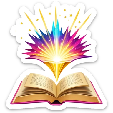 Un libro con un aura de colores vibrantes, con destellos dorados flotando a su alrededor,  un rayo de luz atravesándolo, simbolizando la explosión de creatividad sin miedo.  sticker