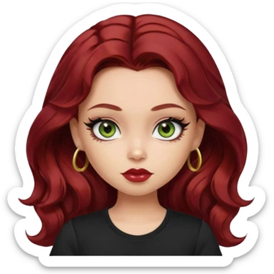 a pretty fair bratz girl with wavy dark red hair, wearing a black tee. eyeliner on, olive green eyes. Waist up sticker