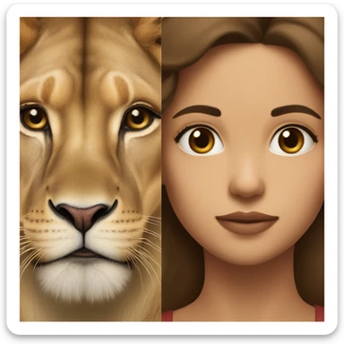 Half of the brunette girl's face together with half of the lioness's face in one Half of the brunette girl's face together with half of the lioness's face in one sticker